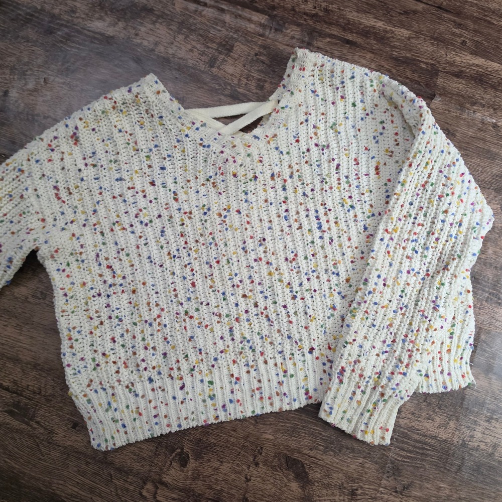 BY & BY Confetti Chenille Sweater Women M White Multicolor Back Lace Up Cropped